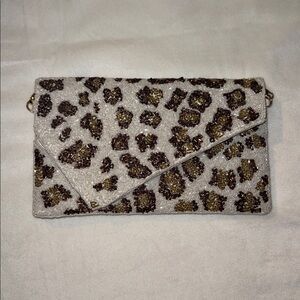 Beaded Leopard Print Envelope Clutch - White & Brown
